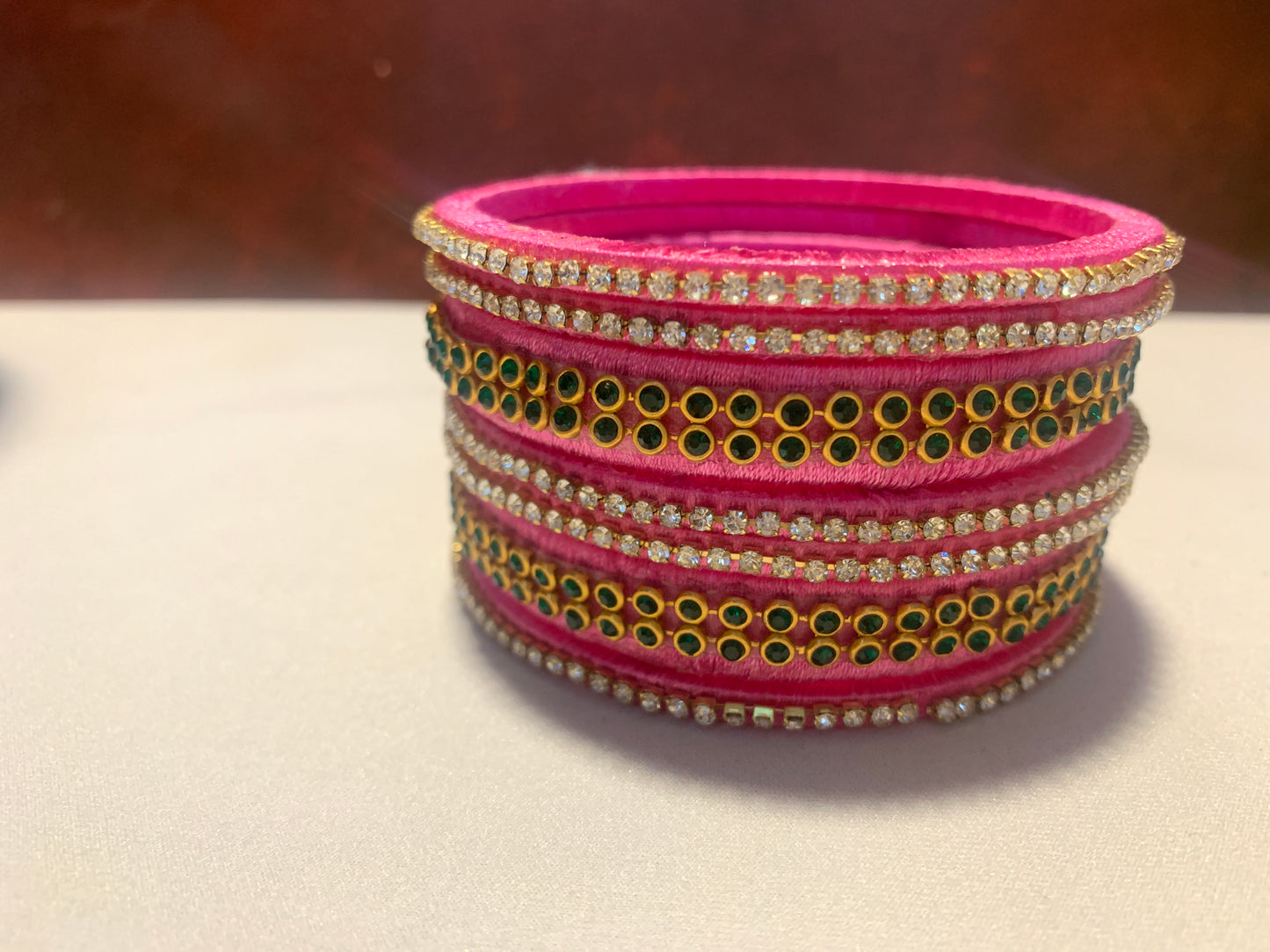 NVSB012-Baby pink with green and white silk bangle