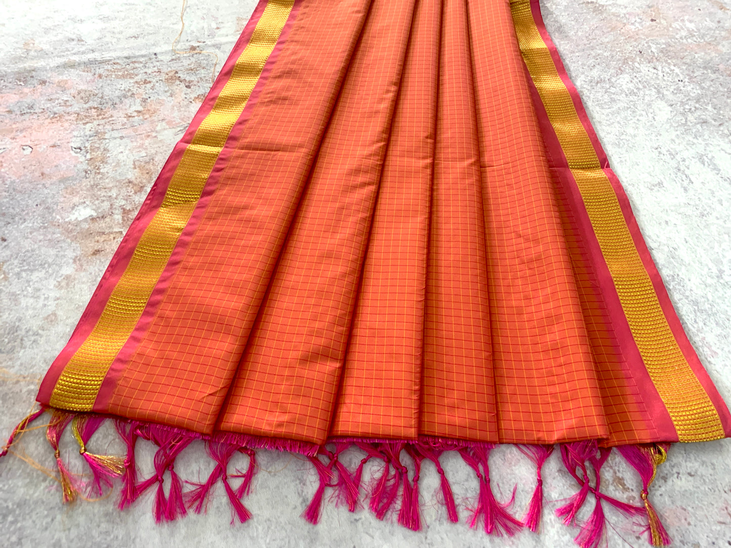 NVSSCB004- Orange Checked Border Soft Silk Saree- 9 Yard Saree