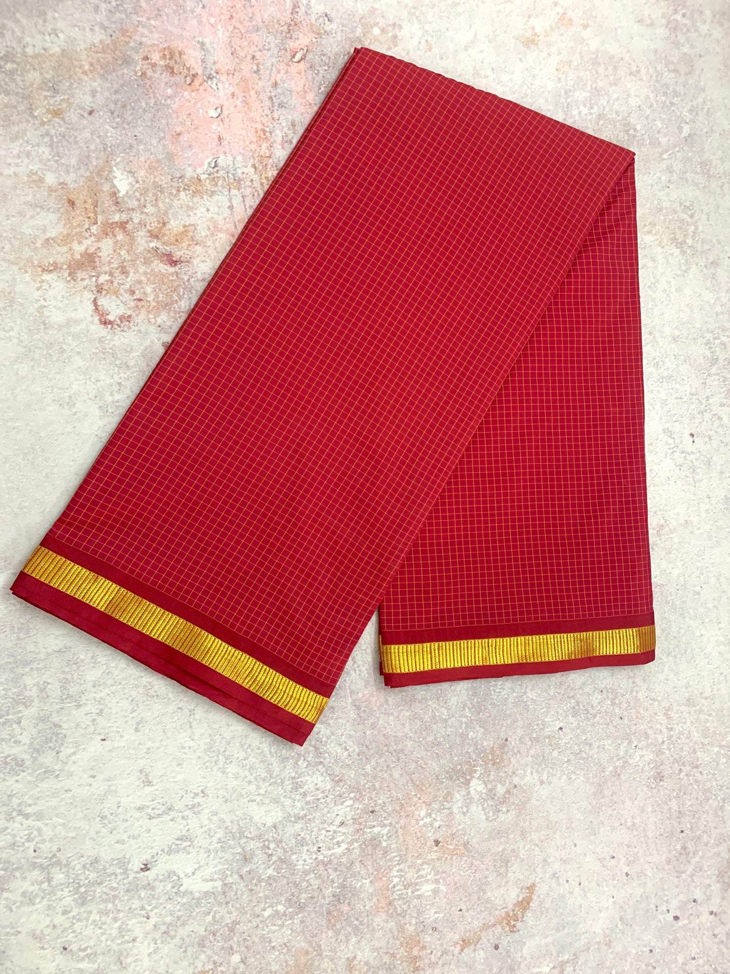 NVSSCB005- Dark Red Checked Border Soft Silk Saree-9 Yard Saree