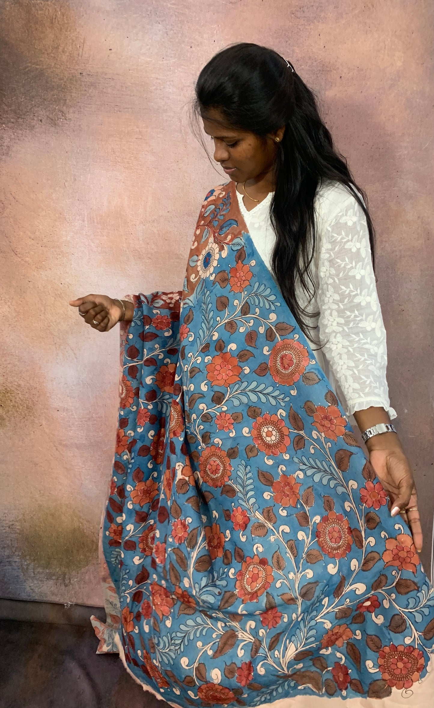 NVKS002-Moonstone Blue & Metallic Silver & Rosy Brown Tricolor With Multicolorful Flower Blossom Kalamkari Material- 3meters