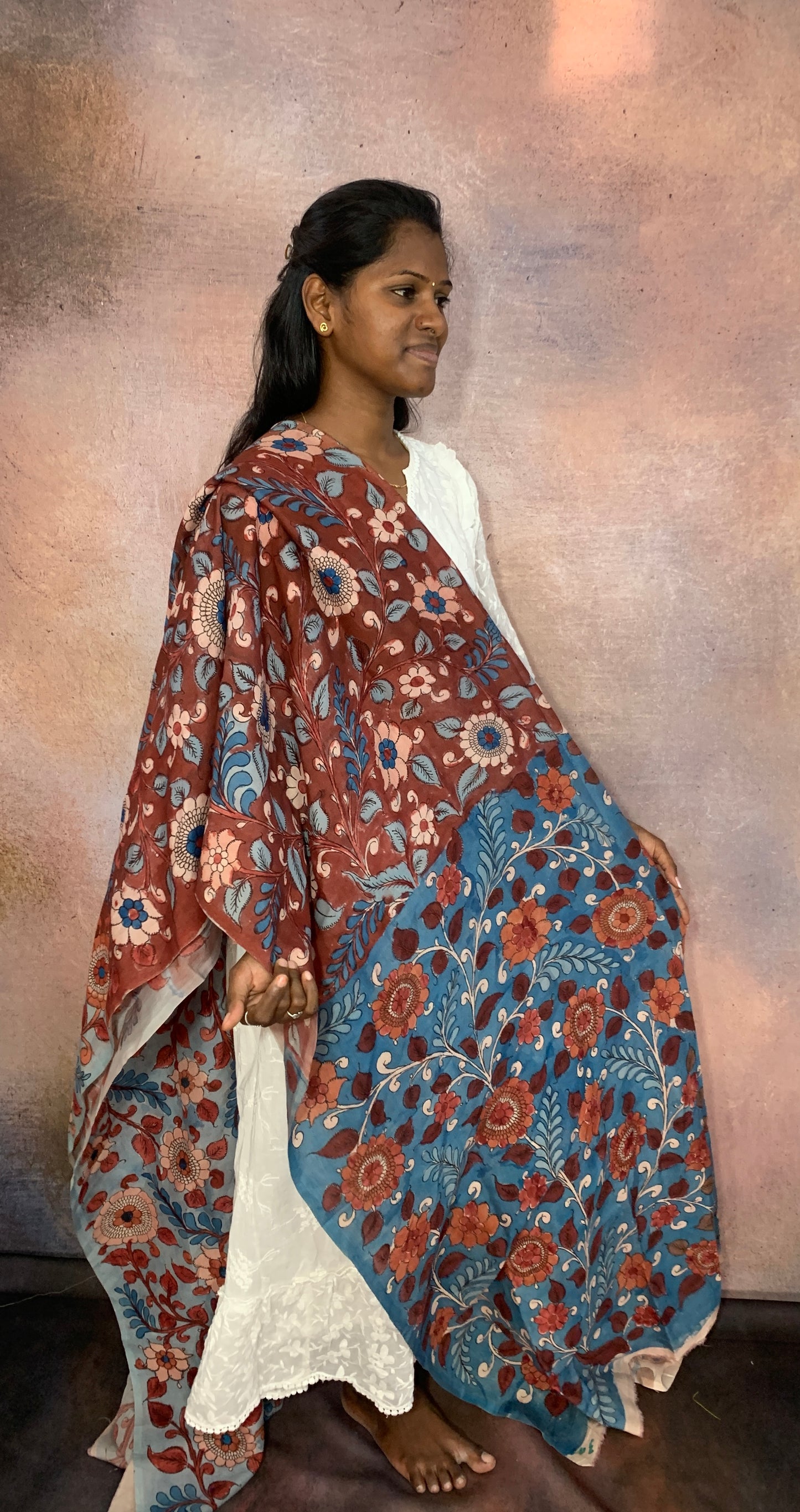 NVKS002-Moonstone Blue & Metallic Silver & Rosy Brown Tricolor With Multicolorful Flower Blossom Kalamkari Material- 3meters