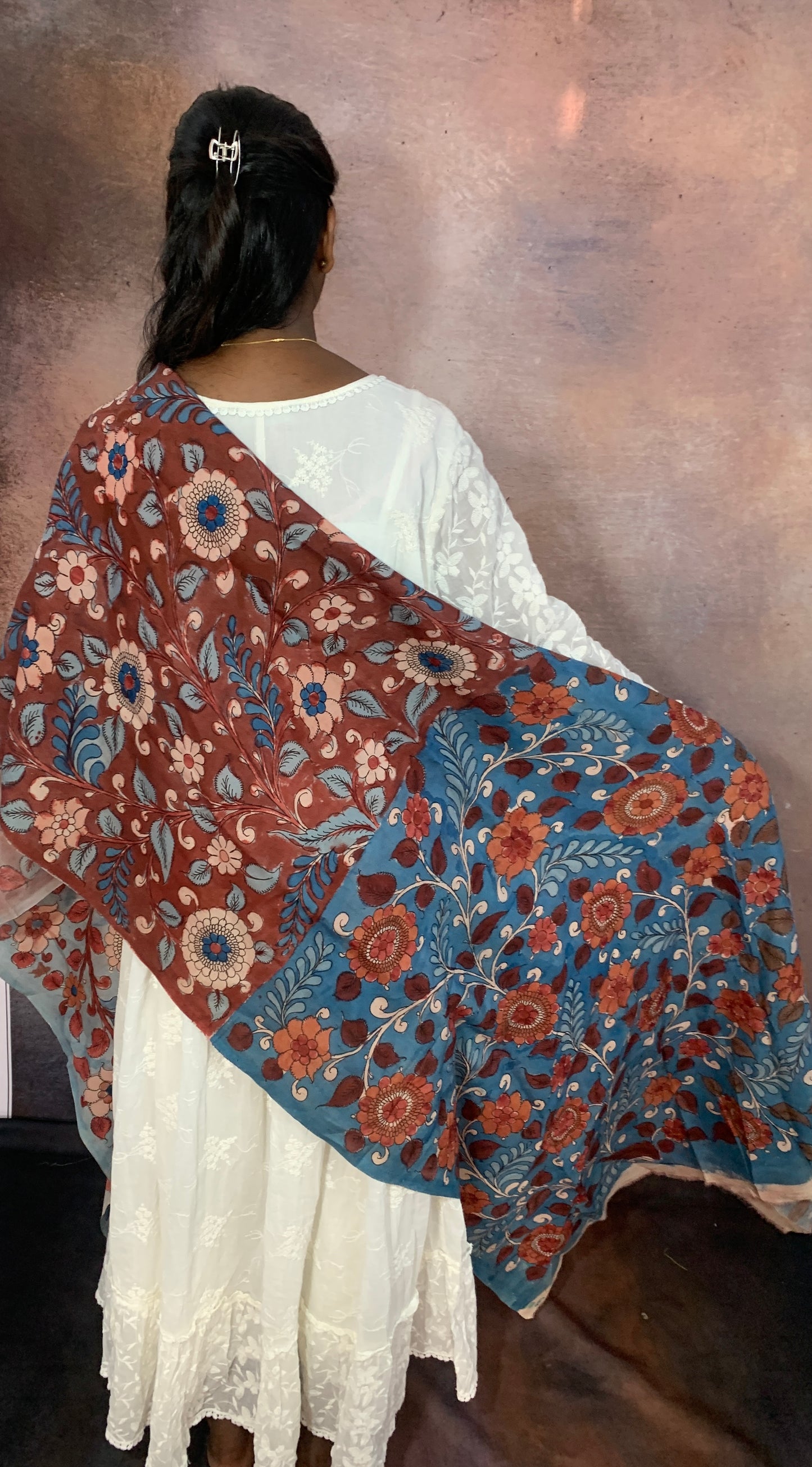 NVKS002-Moonstone Blue & Metallic Silver & Rosy Brown Tricolor With Multicolorful Flower Blossom Kalamkari Material- 3meters