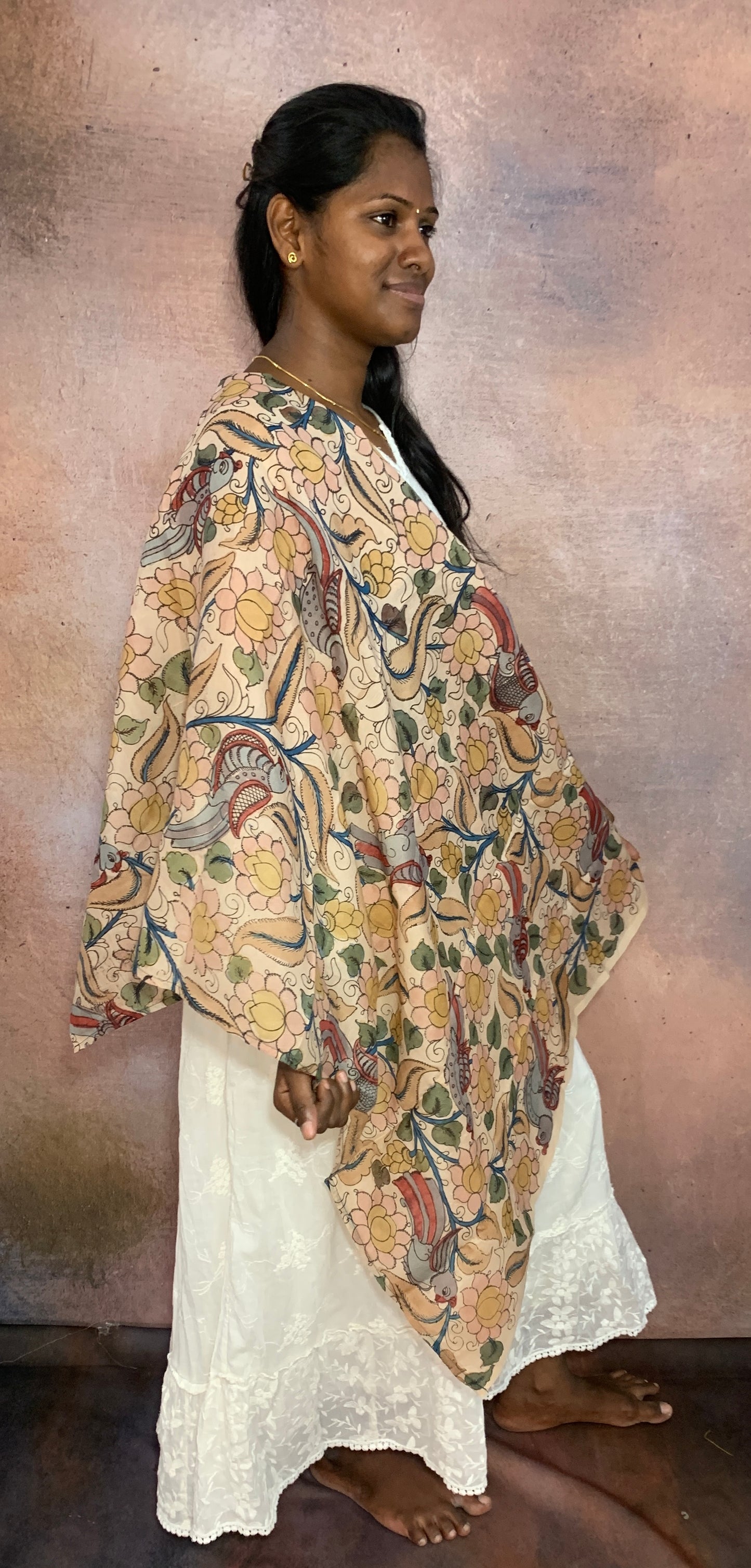 NVKS001-Pinkish Grey color with Parrot climbing model kalamkari Material - 1 meter