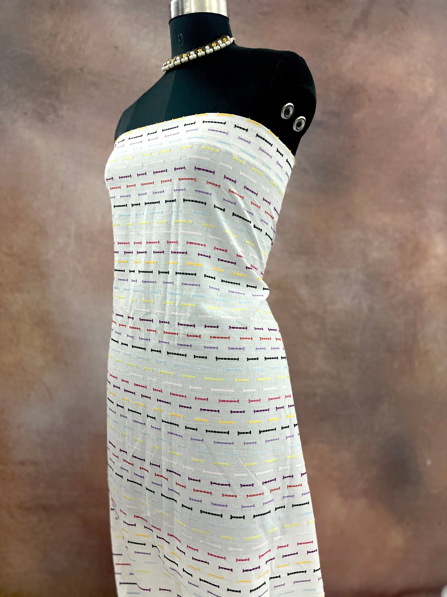 CPY010-Cotton-Whimsical Spectrum: White with Colorful Lines Cotton Fabric