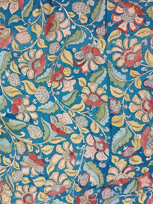 NVKS011-Congress Blue Color With Multicolorful Flower Blossom Kalamkari Material- 3meters