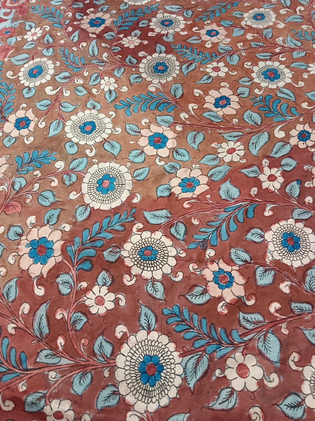NVKS002-Moonstone Blue & Metallic Silver & Rosy Brown Tricolor With Multicolorful Flower Blossom Kalamkari Material- 3meters