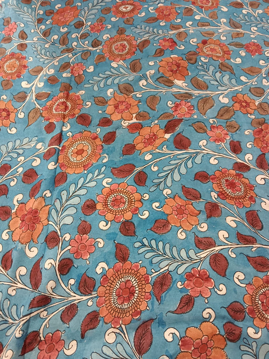 NVKS002-Moonstone Blue & Metallic Silver & Rosy Brown Tricolor With Multicolorful Flower Blossom Kalamkari Material- 3meters
