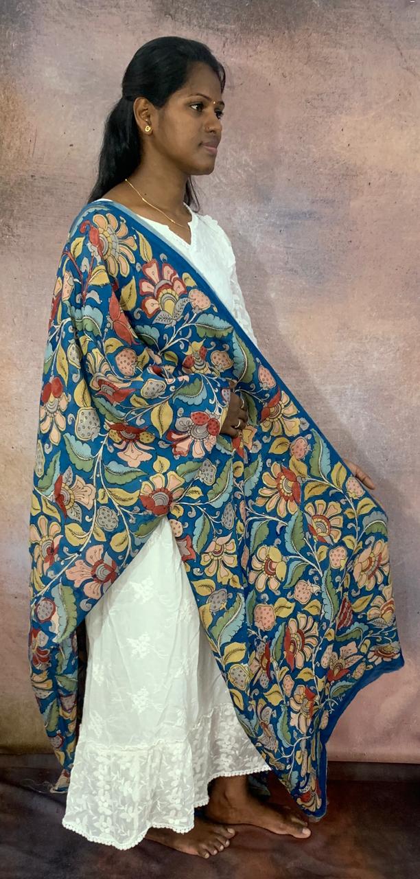 NVKS011-Congress Blue Color With Multicolorful Flower Blossom Kalamkari Material- 3meters