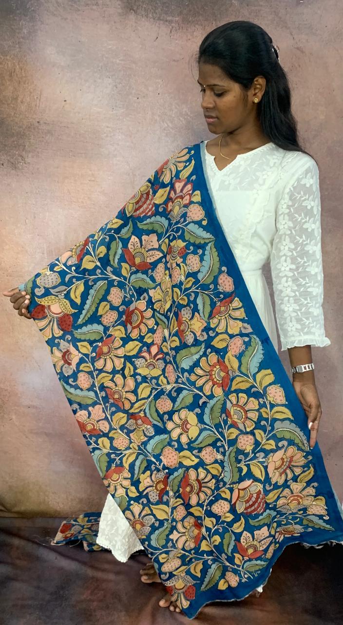 NVKS011-Congress Blue Color With Multicolorful Flower Blossom Kalamkari Material- 3meters