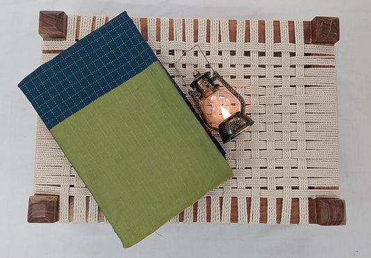 NSTR1027-29-Noil silk checked border saree Light green and dark green
