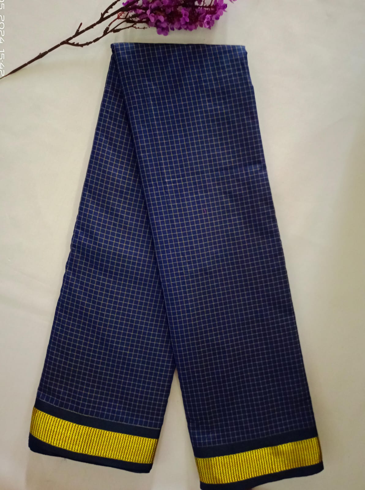 NVSSCB006-Blue Checked Border Soft Silk Saree