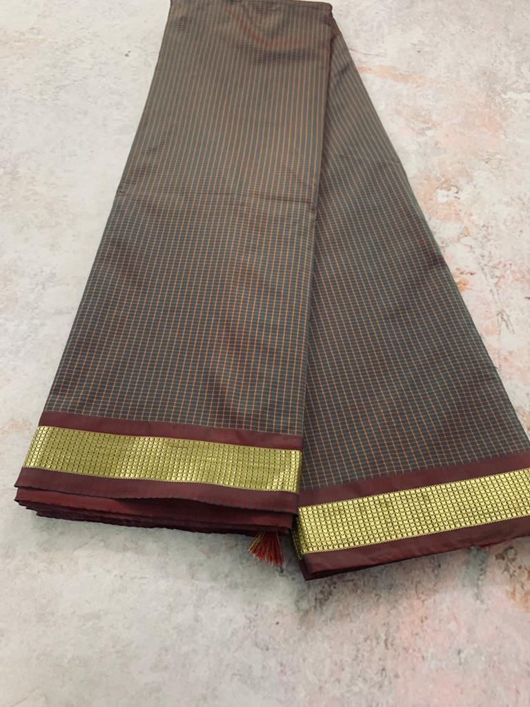 Soft Silk Checked Border - brown Sarees