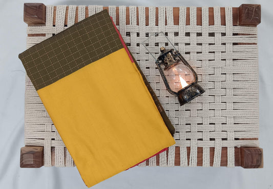 NSTR1032-NSTR1033-Noil silk Checked border saree mutard yellow and olive green color