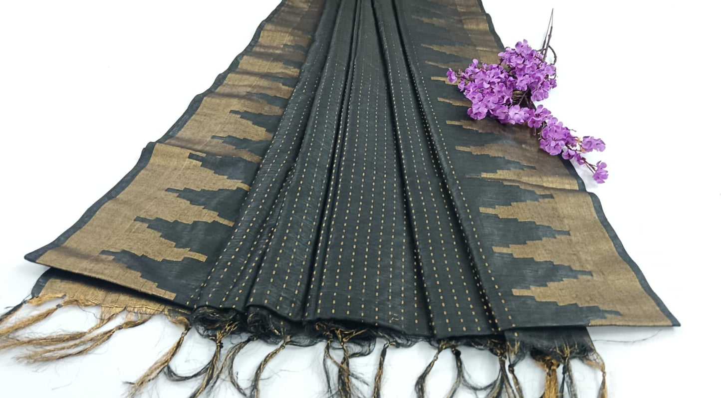 NVLCTB002-Linen cotton Temple border saree Black Color