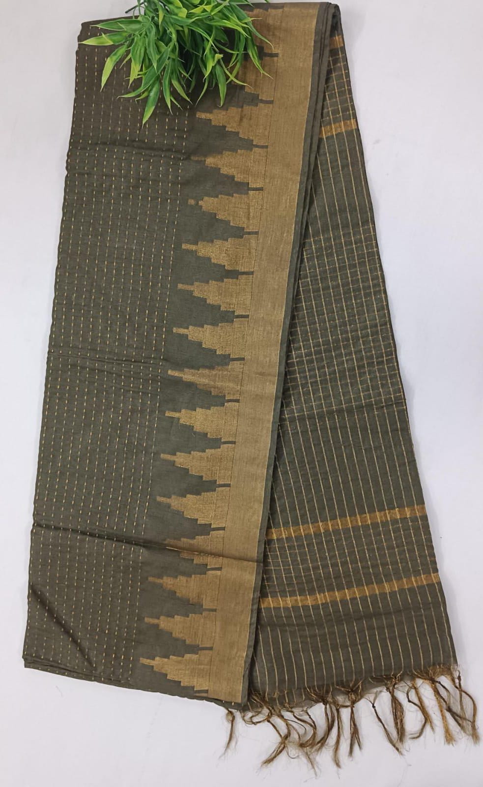 NVLCTB005-Linen cotton Temple border saree olive green Color