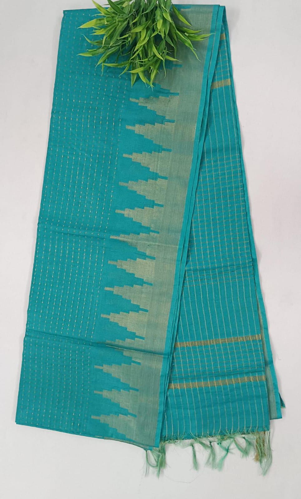 NVLCTB004-Linen cotton Temple border saree Aqua blue Color