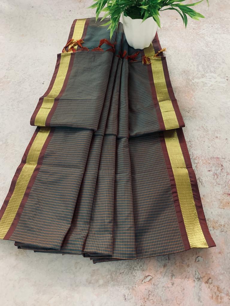 Soft Silk Checked Border - brown Sarees