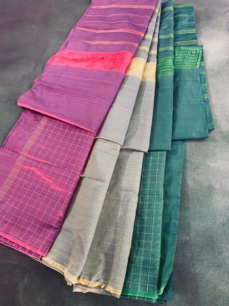 Noil Silk Checked Border sarees green and pink color