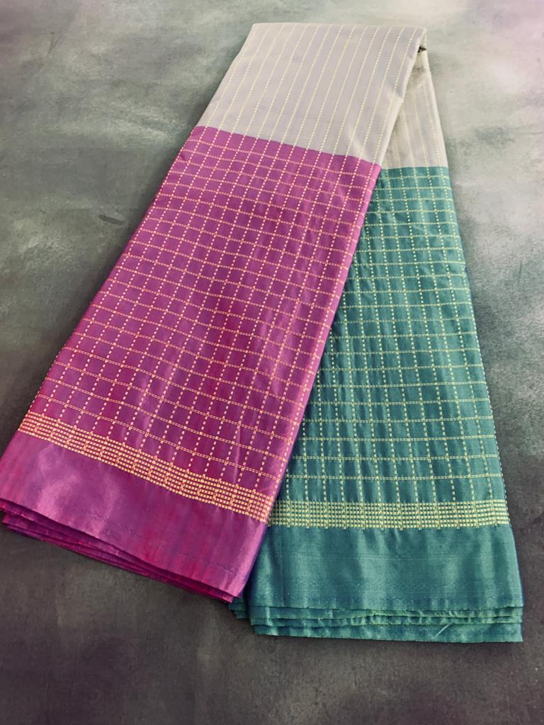 Noil Silk Checked Border sarees green and pink color