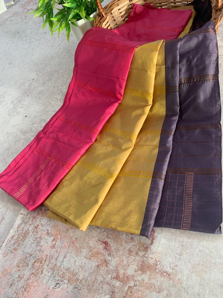 Noil Silk Checked Border sarees grey and pink color
