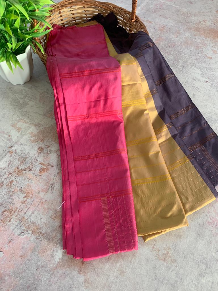 Noil Silk Checked Border sarees grey and pink color