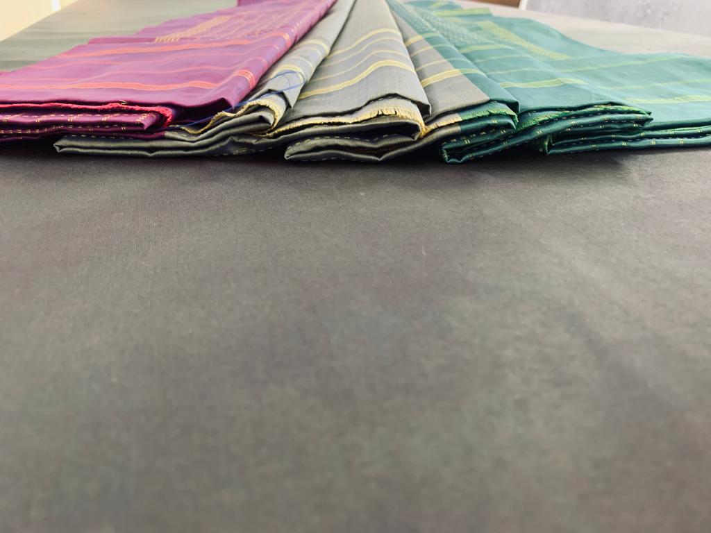 Noil Silk Checked Border sarees green and pink color