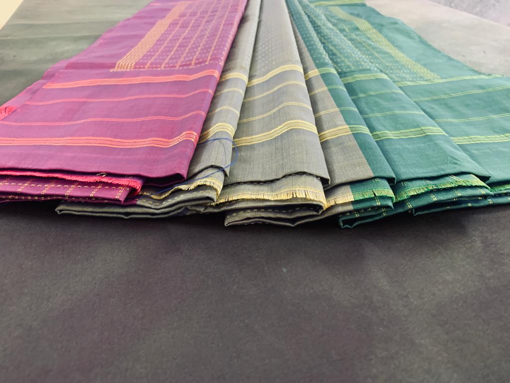 Noil Silk Checked Border sarees green and pink color