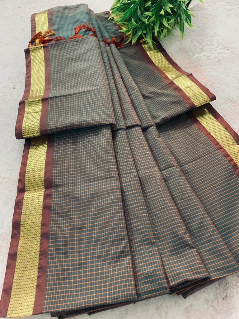 Soft Silk Checked Border - brown Sarees