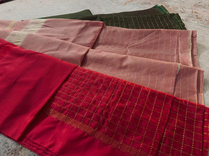 Noil Silk Checked Border sarees olive green color