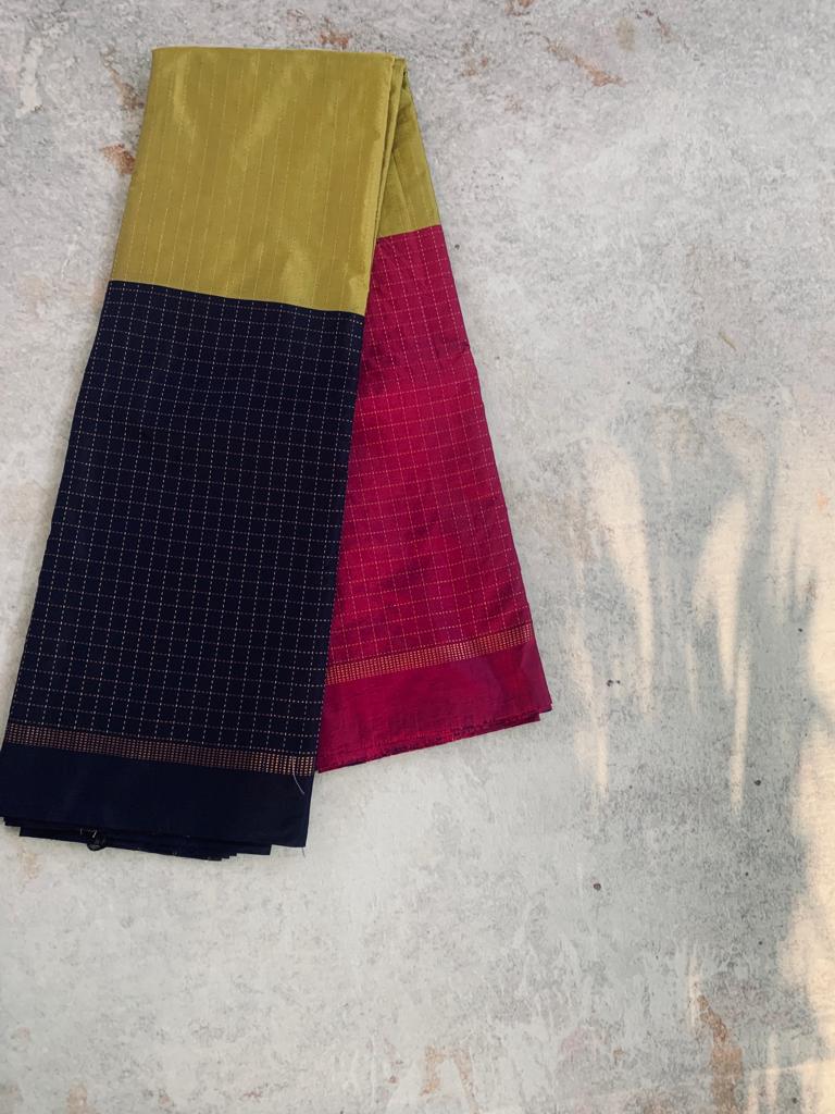 Noil Silk Checked Border sarees navy blue color