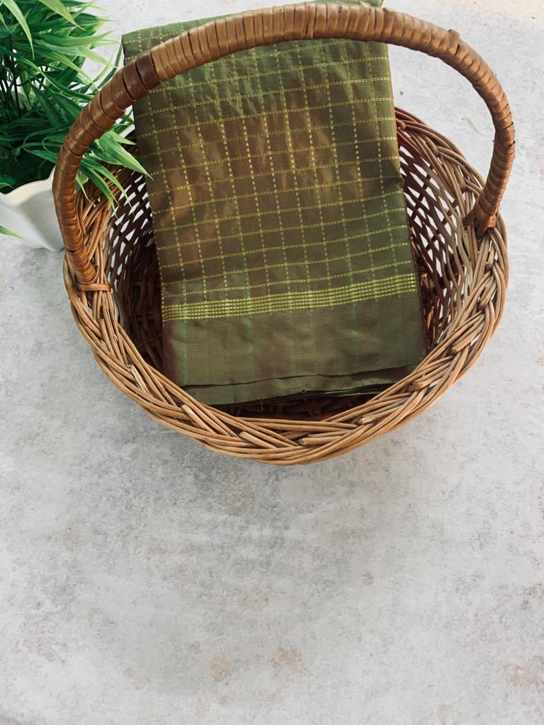 Noil Silk Checked Border sarees olive green color