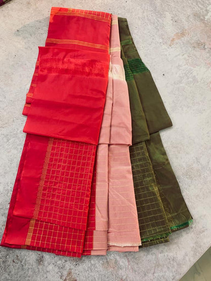 Noil Silk Checked Border sarees olive green color