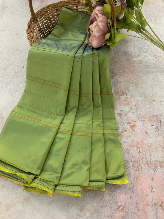 Noil Silk Temple Border Saree lemon green color