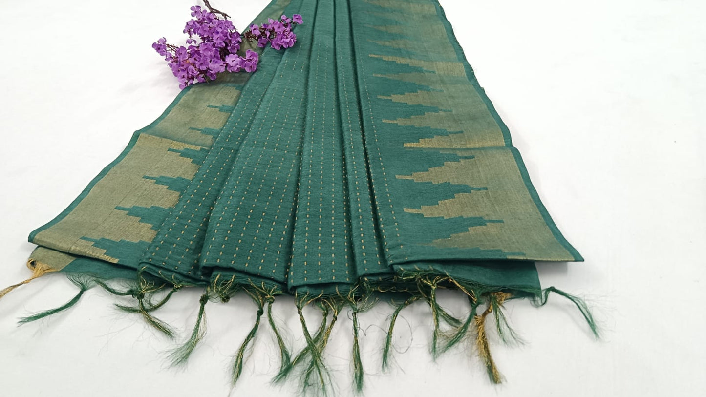 NVLCTB006-Linen cotton Temple border saree Green Color