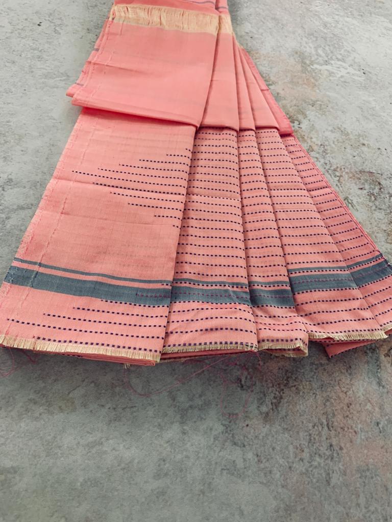 Noil Silk Temple Border Saree light pink color