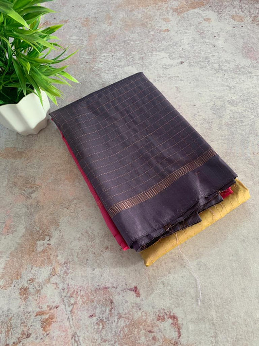 Noil Silk Checked Border sarees grey and pink color