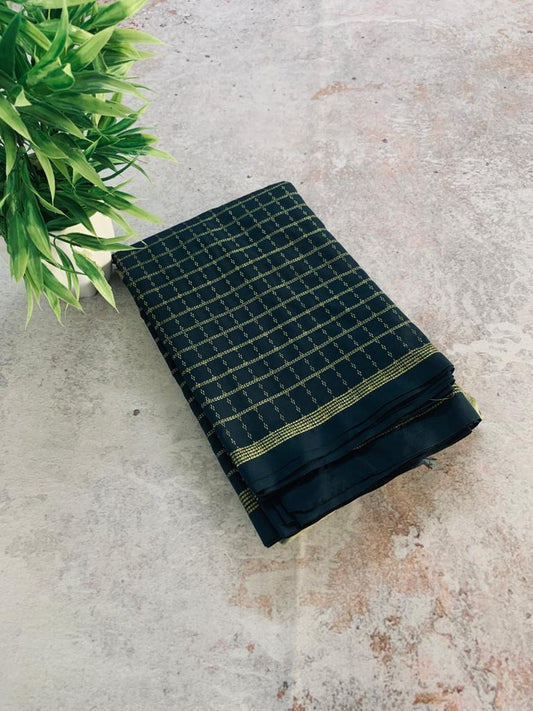 Noil Silk Checked Border sarees bottel green color