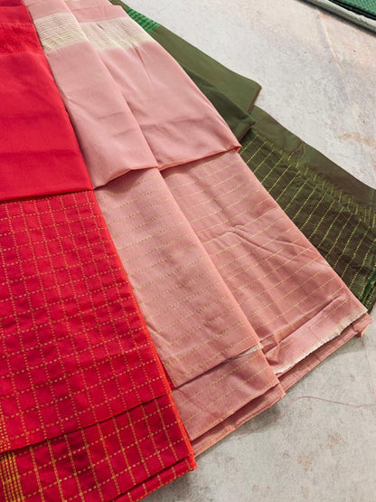 Noil Silk Checked Border sarees olive green color