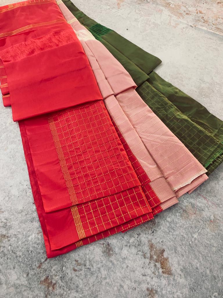 Noil Silk Checked Border sarees olive green color