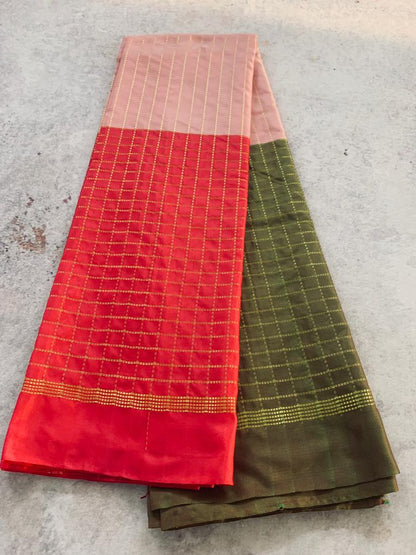 Noil Silk Checked Border sarees olive green color