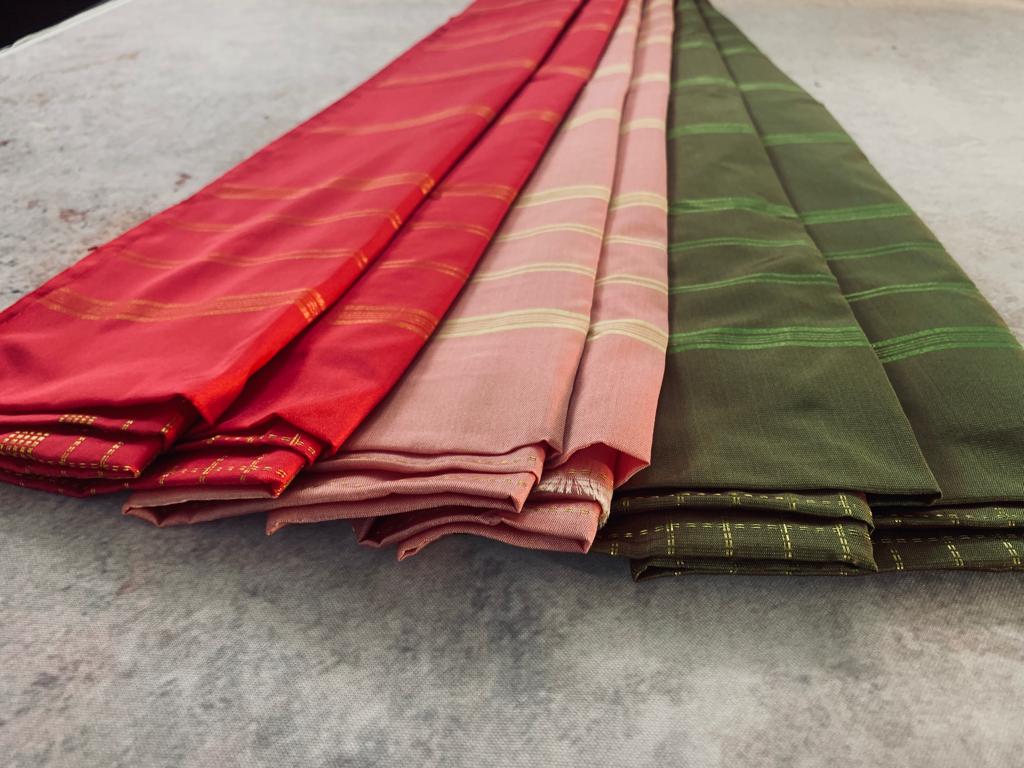 Noil Silk Checked Border sarees olive green color