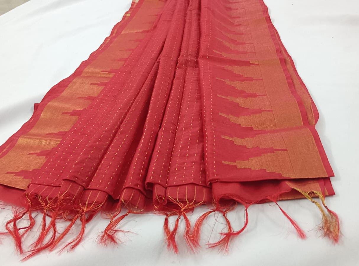 NVLCTB003-Linen cotton Temple border saree Dark Red Color