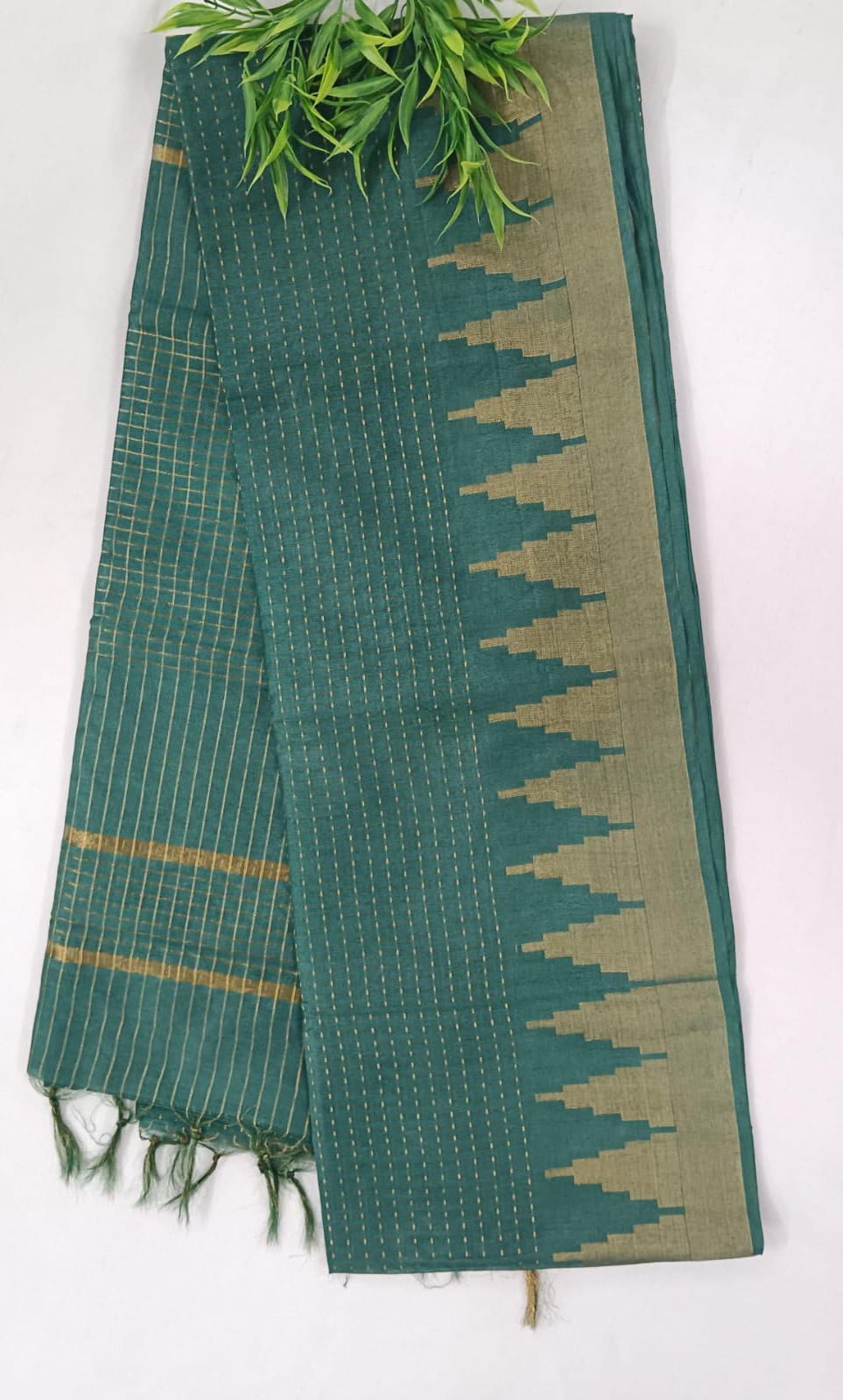 NVLCTB006-Linen cotton Temple border saree Green Color