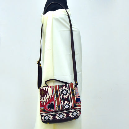 TVM08- Vibrant Spectrum: White Jacquard Cloth and Leather Sling Bag