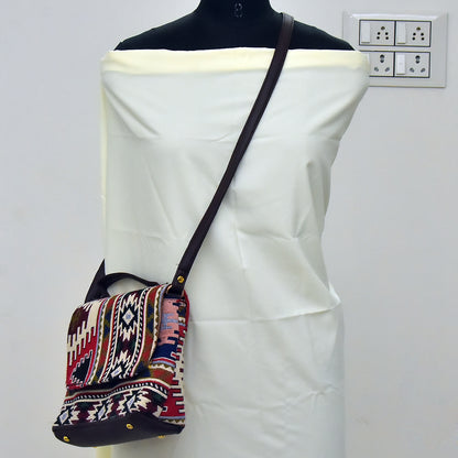 TVM08- Vibrant Spectrum: White Jacquard Cloth and Leather Sling Bag