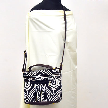 TVM01- Monochrome Chic: Black & White Jacquard Cloth and Leather Sling Bag