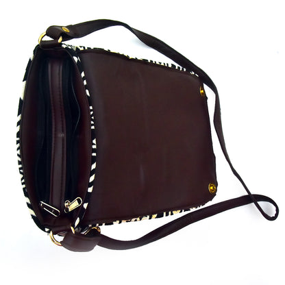 TVM01- Monochrome Chic: Black & White Jacquard Cloth and Leather Sling Bag