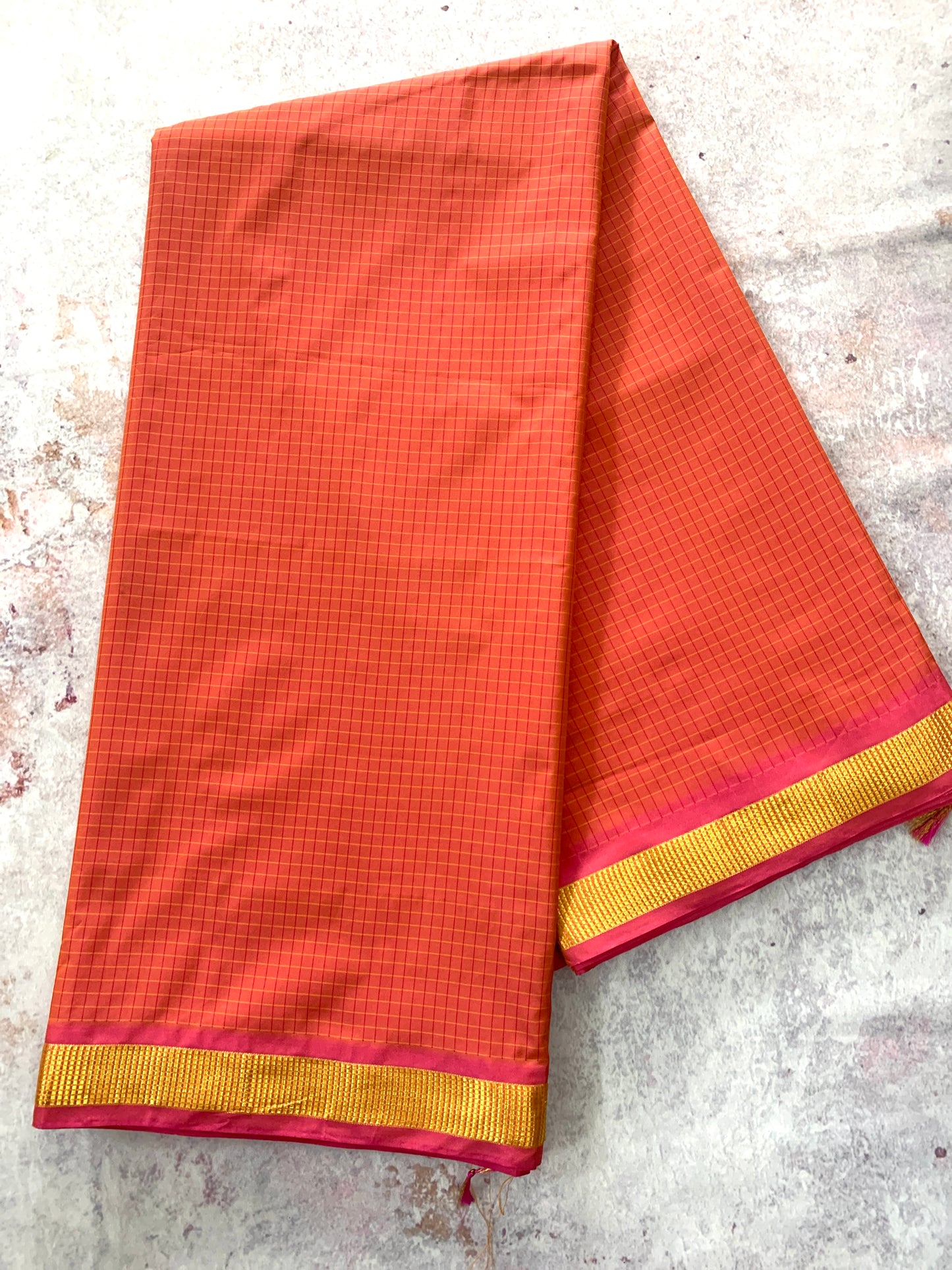 NVSSCB004- Orange Checked Border  Soft Silk Saree- 9 Yard Saree