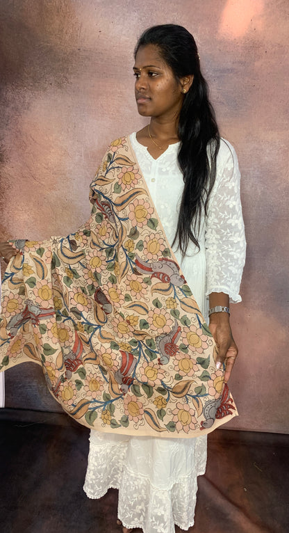 NVKS001-Pinkish Grey color with Parrot climbing model kalamkari Material - 1 meter