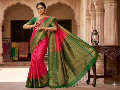 NVDHSS033- LIGHT PINK AND GREEN MEICHERY DOBBY SILK SAREE